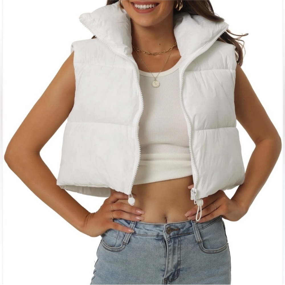 White Cropped Puff Vest Zip Up Size Extra Small Lined - Picture 12 of 12